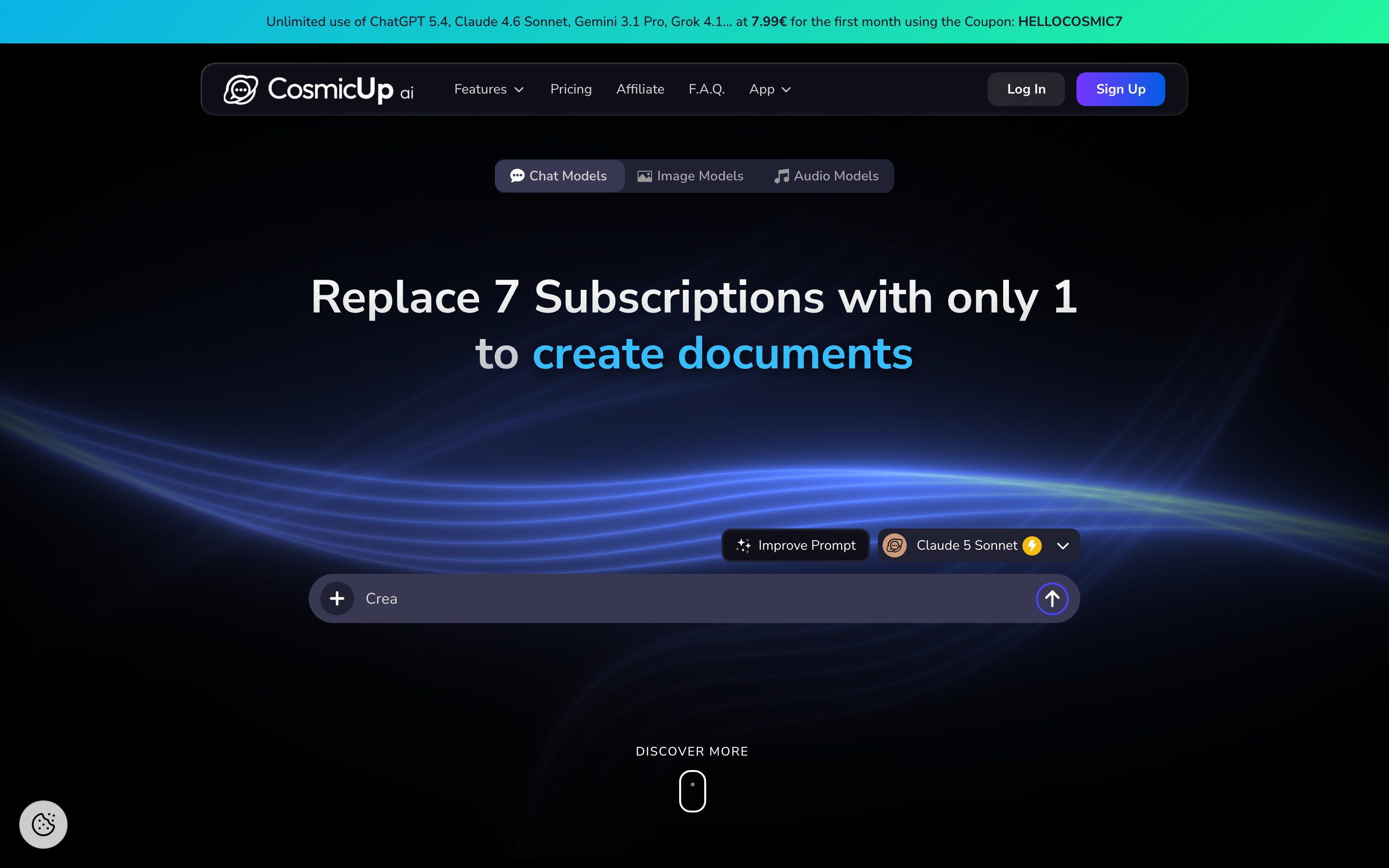 Screenshot of the CosmicUp.me homepage