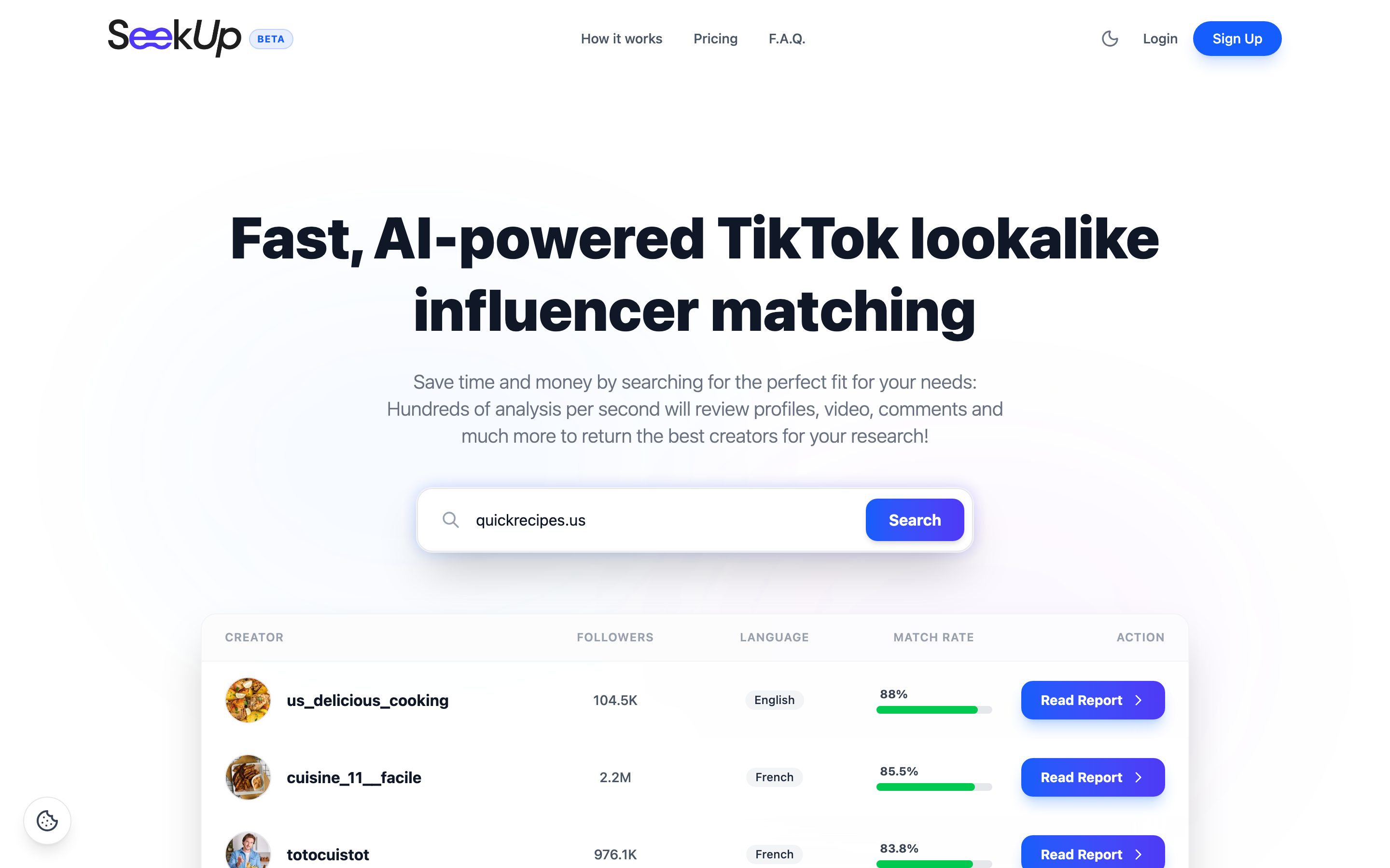 Screenshot of the SeekUp.ai homepage