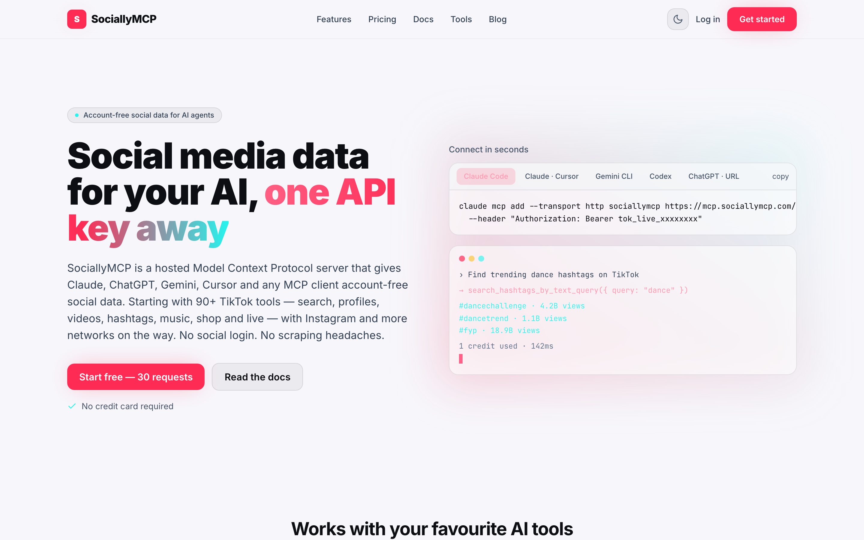 Screenshot of the SociallyMCP.com homepage